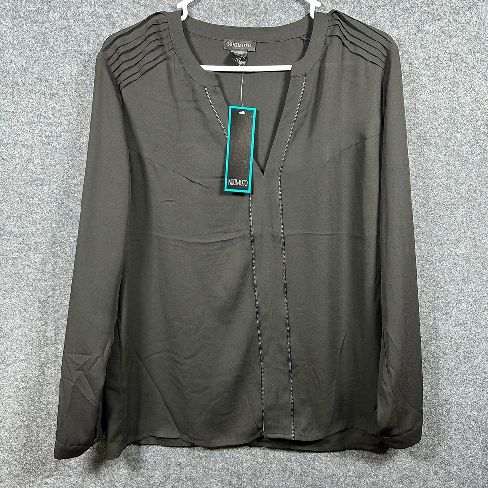 Womens Black Split Neck Pleated Shoulder Blouse Medium NWT Nikimoto